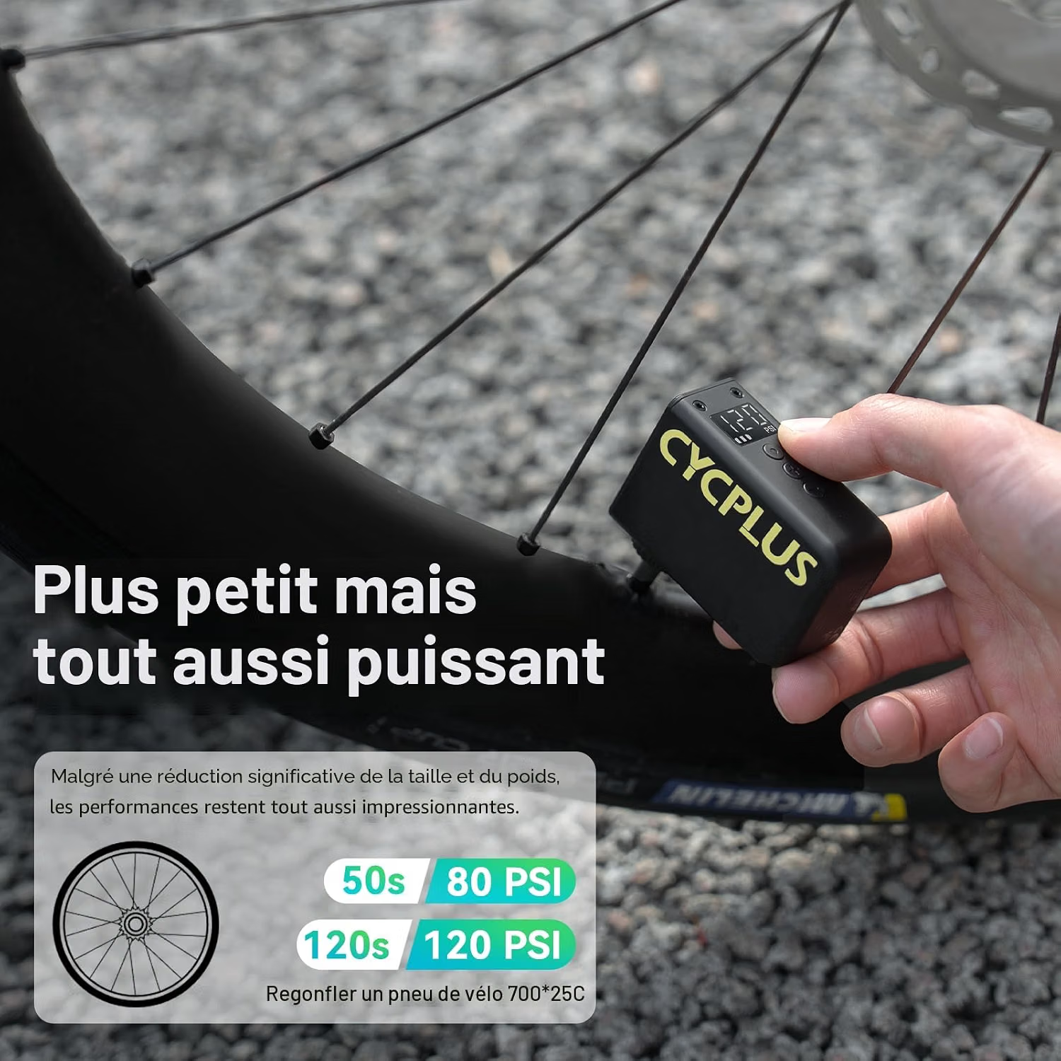 Écran digital de la CYCPLUS AS2 Pro affichant la pression en PSI et le niveau de batterie